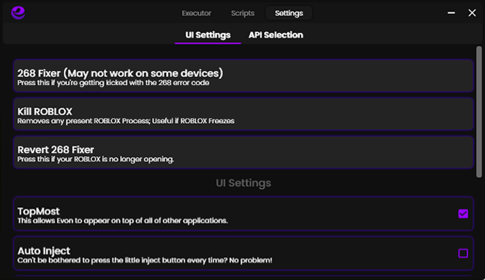 Evon UI Settings: Displaying the user interface customization options and settings within the Evon Exploit